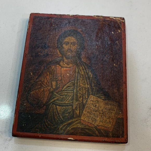 Antique wood frame depicting Russian Icon of Jesus Christ. Marked XP 1670’s